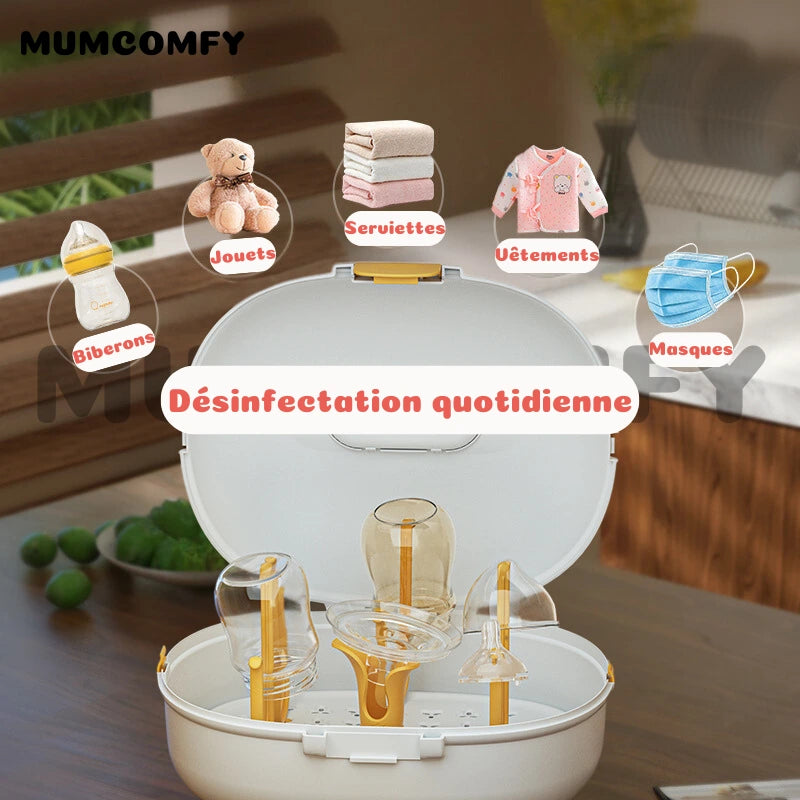 Stérilisateur biberon 3-en-1, boîte de rangement portable avec UV, égouttoir et couvercle