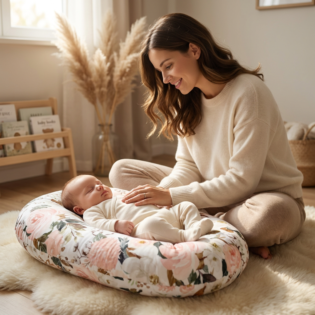 Maman bébé endormi sur cocon anti-régurgitation motif jardin de roses