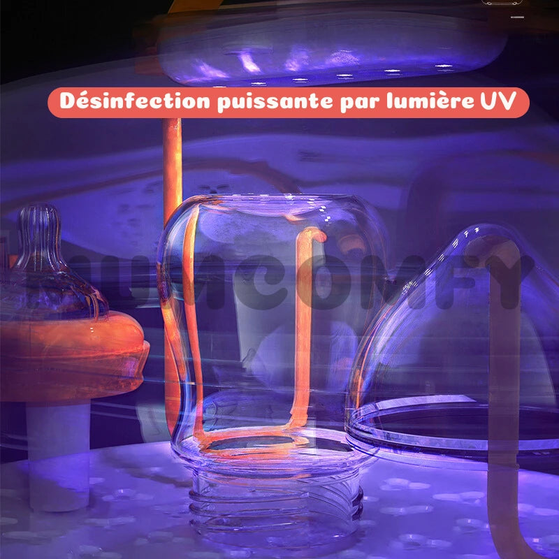 Stérilisateur biberon 3-en-1, boîte de rangement portable avec UV, égouttoir et couvercle