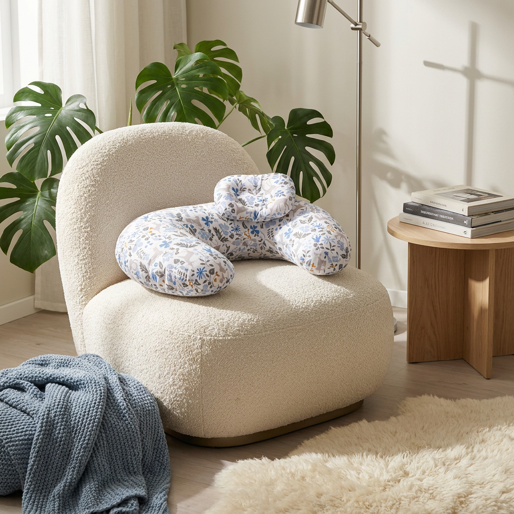 Coussin allaitement Papillon Duo motif fleurs bleues dans fauteuil bouclé salon scandinave