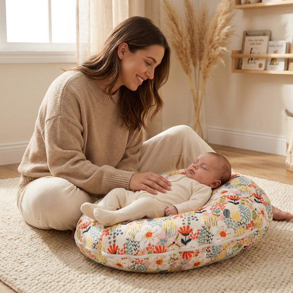 Maman et bébé endormi sur le cocon anti-régurgitation motif fleurs