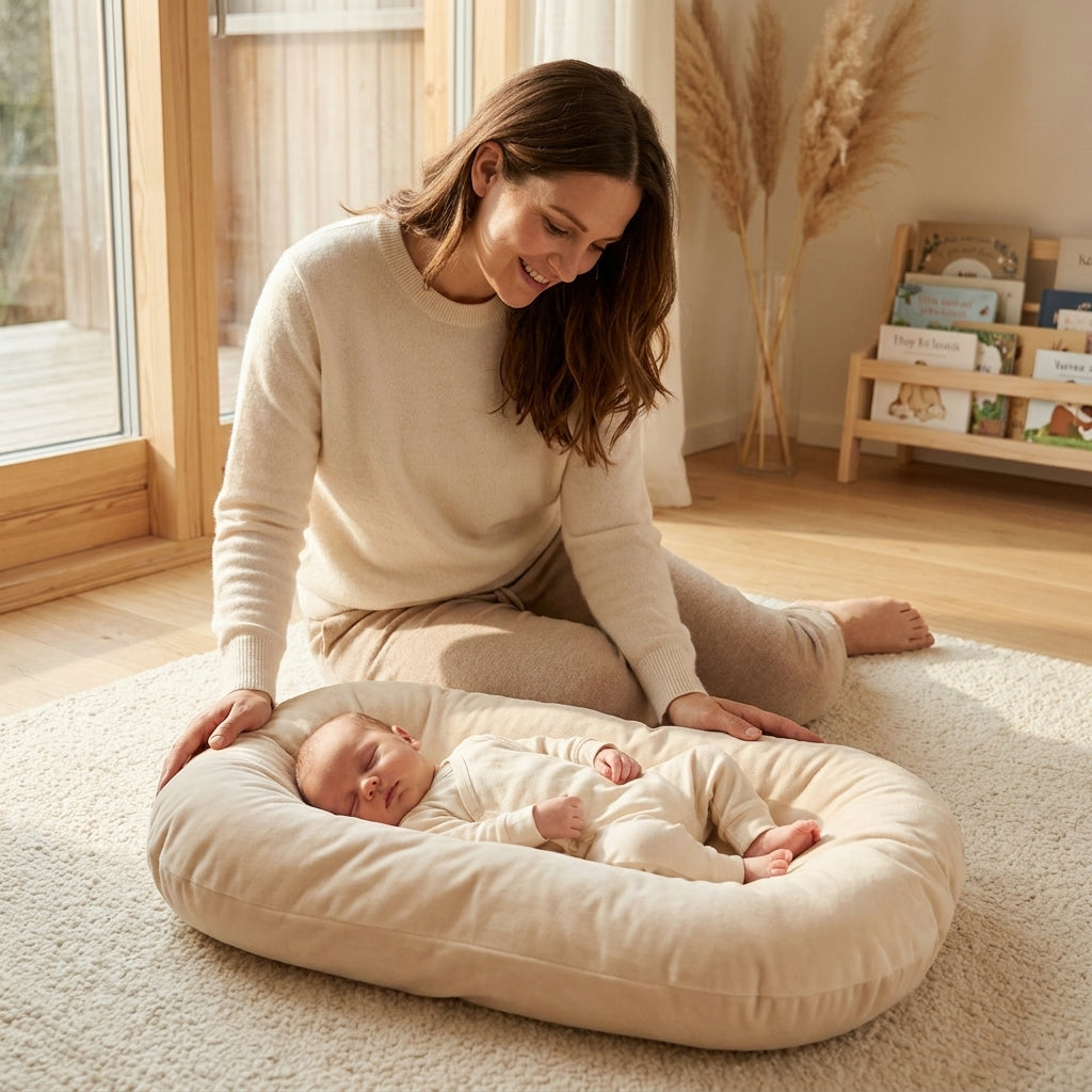 Maman et bébé endormi dans le nid cocon velours beige MUMCOMFY