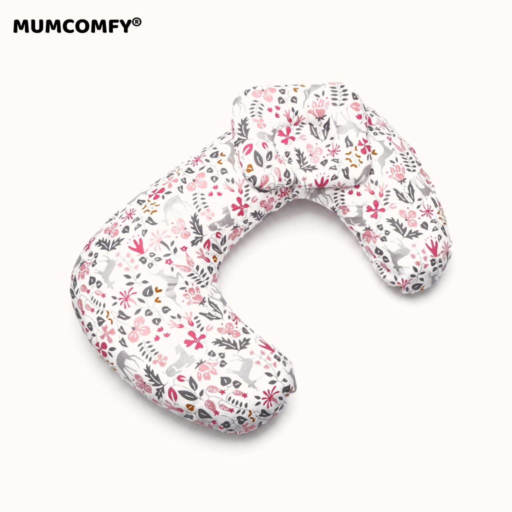 Coussin d'allaitement Papillon Duo Petites Fleurs Roses — packshot MUMCOMFY