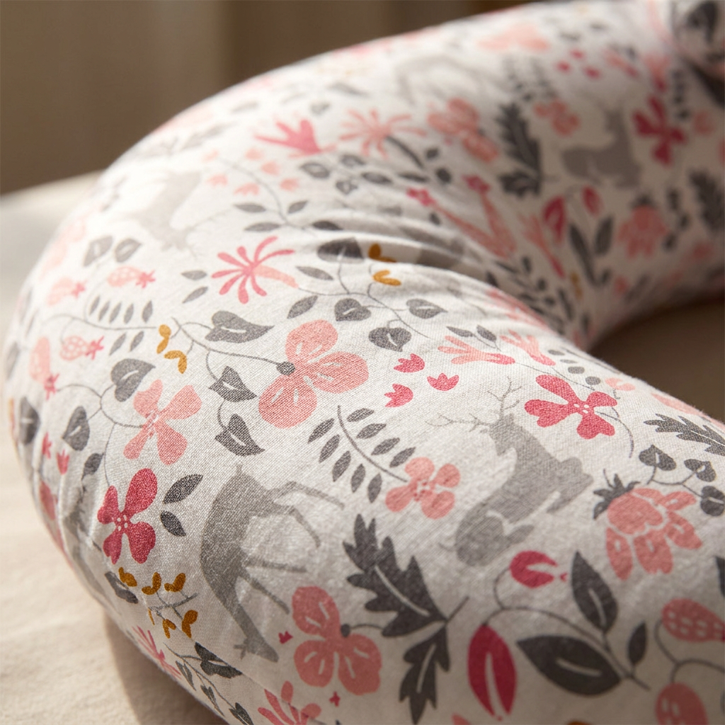 Coussin Papillon Duo Roses — détail macro du motif floral avec cerfs