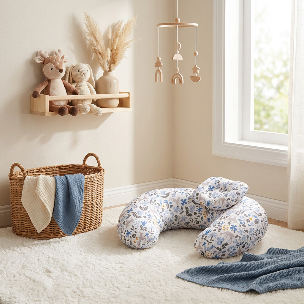 Coussin Papillon Duo Bleues — mise en scène baby corner nursery scandi complet