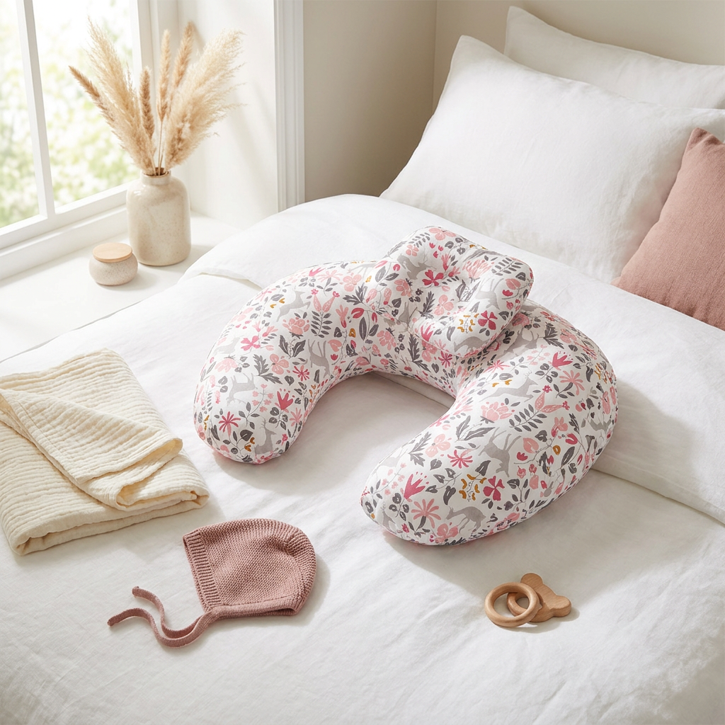Coussin Papillon Duo motif Petites Fleurs Roses — mise en scène chambre bébé