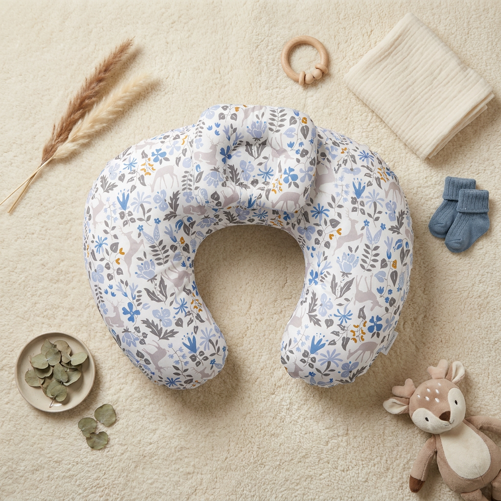 Coussin Papillon Duo Bleues — flat lay avec doudou cerf, socquettes et eucalyptus