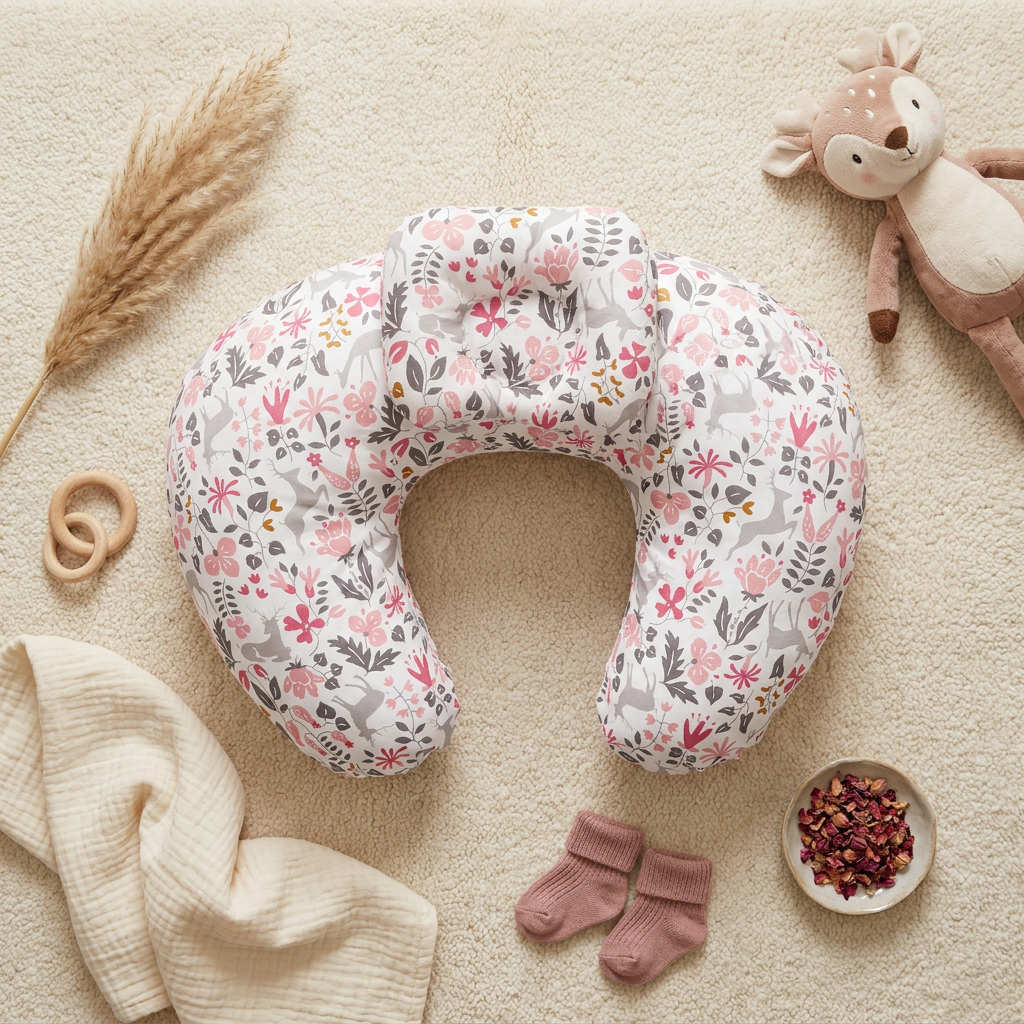 Coussin Papillon Duo Roses — flat lay avec doudou cerf, socquettes et pétales de roses